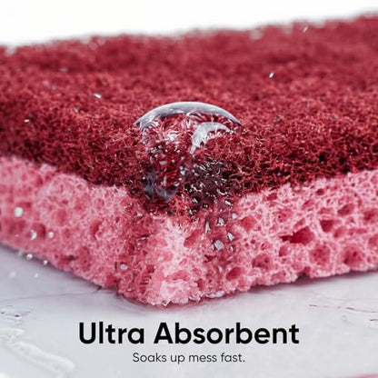 Superio Non-Scratch Cellulose Sponge Kitchen Scrub Sponges with Scouring Pad Set, Good for Non-Stick Cookware Frying Pan, Pot, Counter Top, Sink Scrubbing, Kitchen Scrubbers, Pack of 3, RedPink - color: Red, size: 3-pack