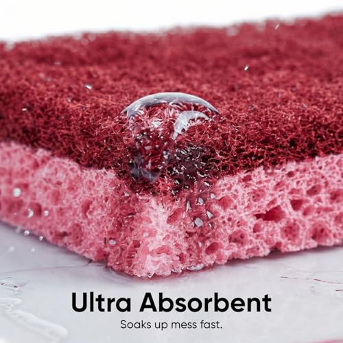 Non-Scratch Cellulose Sponge Kitchen Scrub Sponge with Scouring Pad Set, Good for Non-Stick Cookware Frying Pan, Pot, Counter Top, Sink Scrubbing, Kitchen Scrubbers, Pack of 2, (Red/Pink) - color: Red, size: 2-pack