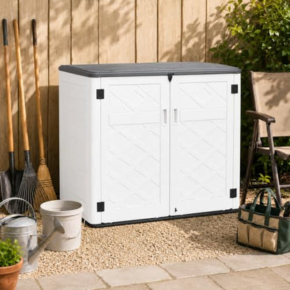 ADDOK 38 Cu.Ft Outdoor Storage Shed with Floor,Large Waterproof Resin Storage Cabinet with Lift-Up Lid,Double Doors and Lockable Design for Lawn Mower,Garden Tools, Patio,Backyard and Pool Supplies - size: Off-White 38 Cu.Ft