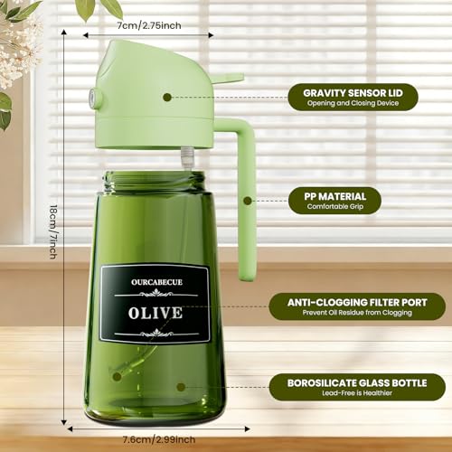OURCABECUE 2 in 1 Olive Oil Sprayer for Cooking, 16oz/470ml Olive Oil Dispenser Bottle for Kitchen, Light-Blocking Dark Glass Oil Bottle, Food-Grade Oil Mister with 8 Oil Stickers (Green Bottle-Cap) - color: Green Bottle-Green Cap