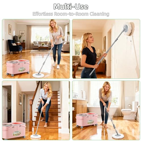 2026 Upgraded Gen 2 Spin Mop and Bucket Set with 4 Swivel Wheels for Easy Rolling, Separates Clean & Dirty Water, Floor Mop with 6 Washable Mop Heads for Wood, Tile, Vinyl, Baseboards - Pink - size: Pink Mop Bucket + 6 Extra Refill