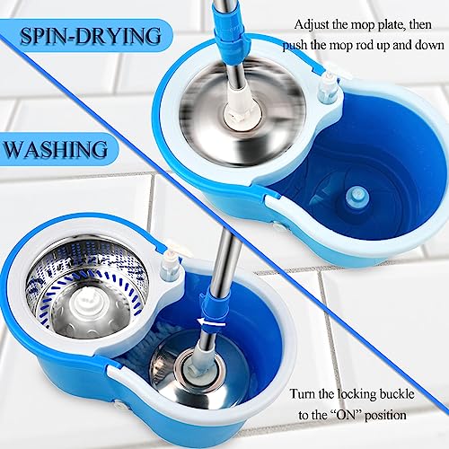 Spin Mop and Bucket Set, Mop and Bucket with Wringer Set, 360°Spin Mop Kit with 2 Extra Microfiber Mop Replacement Heads, Spinning Mop Bucket System for Floor Cleaning (Blue) - color: Blue