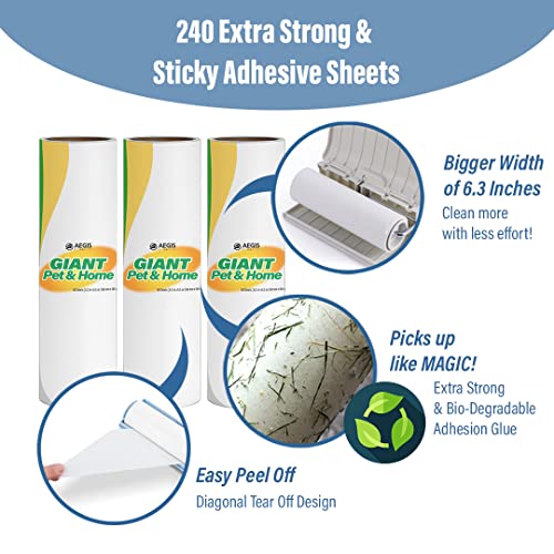 KN Flax Aegis Giant Pet & Home Lint Roller Pet Hair Large Lint Roller with Extendable Long Handle, 6.3” Width with 240 Adhesive Extra Sticky Sheets for Furniture Carpet Floor and Curtains