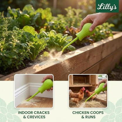 Diatomaceous Earth Applicator Duster, Refillable Powder Duster Bulb for Garden, Plants, Coops & Home, Multi-Purpose Hand Powder Dispenser with Angled Tip for DE & Dry Powders | Lilly's Naturals