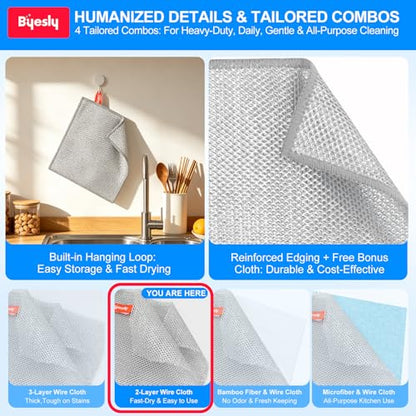 Non-Scratch Silver Mesh Dish Cloths, 12+1 Pack 2-Layer Metallic Fiber Cleaning Cloths for Kitchen, Diamond Weave Scrubber Pads for Dishes, Sinks & Cookware (7.87x7.87 Inches) - style: 2-Layer Silver Mesh