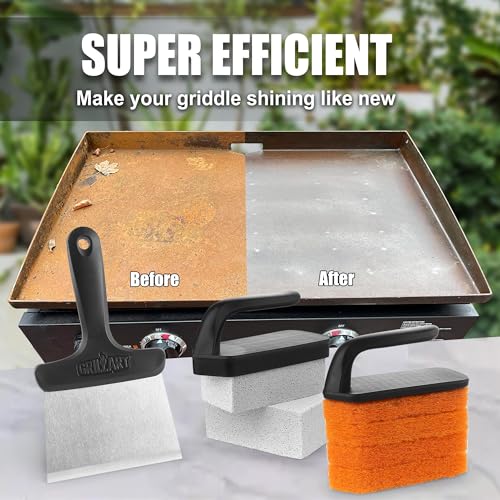 GRILLART Griddle Cleaning Kit for Blackstone, Flat Top Grill Cleaning Kit with Grill Stone, Griddle Scraper, Scouring Pad and Handles, Multifunctional Griddle Accessories for Rusty Grills, Orange - style: BSK-02