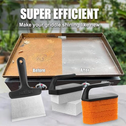 GRILLART Griddle Cleaning Kit for Blackstone, Flat Top Grill Cleaning Kit with Grill Stone, Griddle Scraper, Scouring Pad and Handles, Multifunctional Griddle Accessories for Rusty Grills, Orange - style: BSK-02