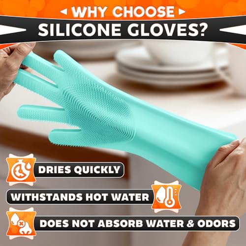 ALPENKOK Silicone Dishwashing Gloves with Scrubber – Non-Slip Silicone Gloves for Washing Dishes | Household Use - color: Turquoise