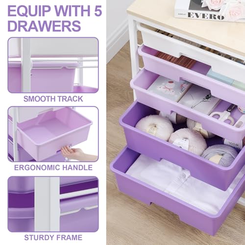 SYKIARIOL Utility Cart with 5 Drawers,Storage Drawer Cart with Wooden Tabletop and Lockable Wheels,Craft Storage Trolley Cart,5-Tier Rolling Utility Cart on Wheels,Purple - color: Purple