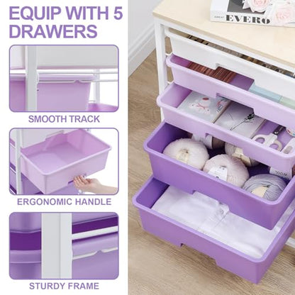 SYKIARIOL Utility Cart with 5 Drawers,Storage Drawer Cart with Wooden Tabletop and Lockable Wheels,Craft Storage Trolley Cart,5-Tier Rolling Utility Cart on Wheels,Purple - color: Purple