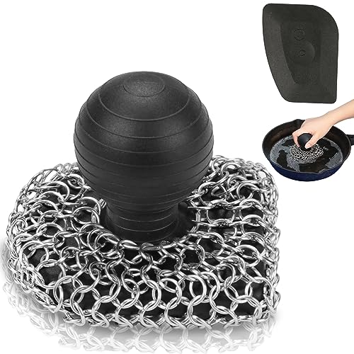 Cast Iron Scrubber with Pan Scraper, 316 Chainmail Scrubber, Upgraded Chain Mail Scrubber Sponge, Cast Iron Cleaner for Pan Skillet Wok Carbon Steel, Dutch Oven Metal Brush Cleaning Kit, Black - color: Black
