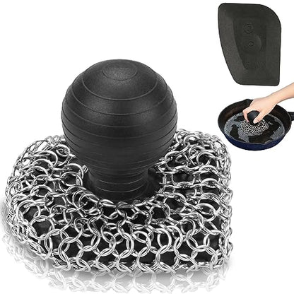 Cast Iron Scrubber with Pan Scraper, 316 Chainmail Scrubber, Upgraded Chain Mail Scrubber Sponge, Cast Iron Cleaner for Pan Skillet Wok Carbon Steel, Dutch Oven Metal Brush Cleaning Kit, Black - color: Black