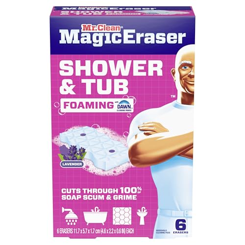 Mr. Clean Magic Eraser Sponge, Bathroom, Shower, Tub Cleaner, Soap Scum Remover, Bathroom Cleaning Supplies, Dawn Cleaning Power with Lavender Scent, Shower & Tub, 6ct - size: 1 Count (Pack of 6), style: Upgraded Version