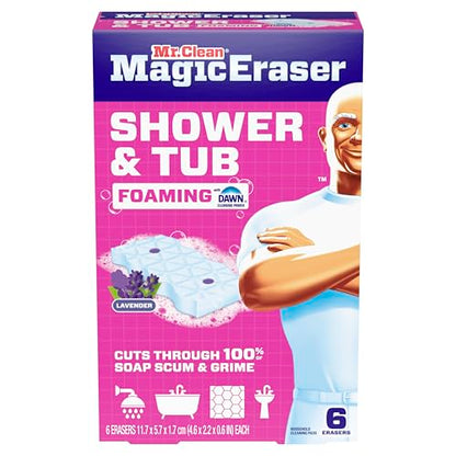 Mr. Clean Magic Eraser Sponge, Bathroom, Shower, Tub Cleaner, Soap Scum Remover, Bathroom Cleaning Supplies, Dawn Cleaning Power with Lavender Scent, Shower & Tub, 6ct - size: 1 Count (Pack of 6), style: Upgraded Version