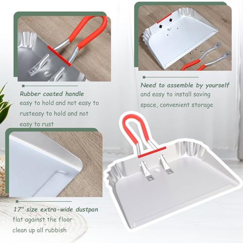 Pasimy 2 Pack 17" Metal Dust Pan and Brush Set, Large Heavy Duty Handheld Industrial Dustpan with Handle Debris Sweeping Tool Metal Edge Flat Against Floor for Outdoor Patio Yard Garage(Sliver) - color: Sliver