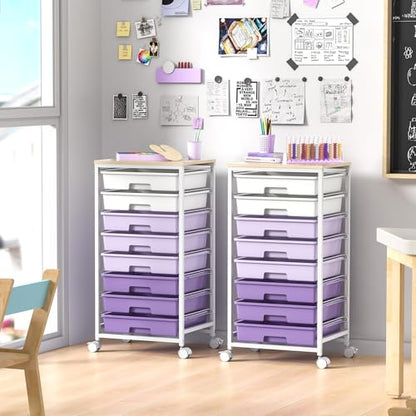 SYKIARIOL Rolling Cart with Drawers,Utility Cart With 8 Drawers and Wooden Tabletop for Living Room,Classroom,Bedroom,Bathroom,Dorm,Office,Purple - color: Purple