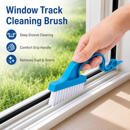 Window Track Cleaning Brush, Handheld Groove Cleaner Tool for Sliding Door and Window Sill, Ergonomic Handle Magic Dust Remover, Multipurpose Crevice Brush for Home Use, Blue