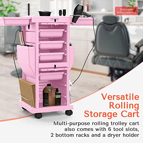 TASALON Professional Salon Trolley Cart, Lockable 6 Trays & 2 Holders, Space Saving Mobile Storage for Hair Salon and Beauty Station - Pink - color: Pink