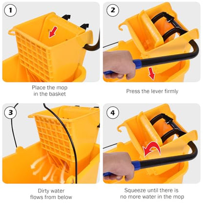 ARLIME Commercial Mop Bucket with Wringer, 35 Quart Capacity Portable Wringer Trolley, Side Press Floor Cleaning Wavebrake w/Handle, Small Mop Bucket on Wheels for Home, Industrial, Yellow - size: 35 Quart