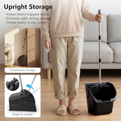 Jumbo Commercial Dustpan with Wheels & Comb Teeth - Heavy Duty 14.2" Rolling Debris Pan - Long Handle Extra Large Upright Dust Pan for Industrial Warehouse Garage Restaurant Sidewalk Outdoor - Black - color: Black