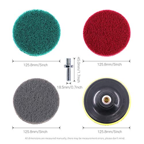 Glarks 16Pcs 5 Inch Drill Power Brush Tile Scrubber Scouring Pads Cleaning Kit with 5 Inch Disc Pad Holder for Bathroom & Kitchen Cleaning, 3 Different Stiffness (Red, Gray, Green)