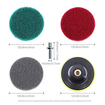 Glarks 16Pcs 5 Inch Drill Power Brush Tile Scrubber Scouring Pads Cleaning Kit with 5 Inch Disc Pad Holder for Bathroom & Kitchen Cleaning, 3 Different Stiffness (Red, Gray, Green)