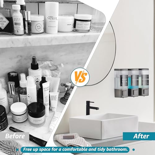 Shampoo and Conditioner Dispenser for Shower,3 Chamber, Grey | Wall Mounted, No Drill, 3×16.9oz,ABS Plastic Material,Refillable With Labels, For Bathroom Hotel - color: Gray