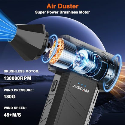 JVSCAM X3 Compressed Air Duster - Electric Air Duster with Brushless Motor,3 Gear Adjustable - Mini Air Blower- Rechargeable Air Duster for PC, Keyboard, Car,Outdoors,Home,Snow and Leaves Clearing