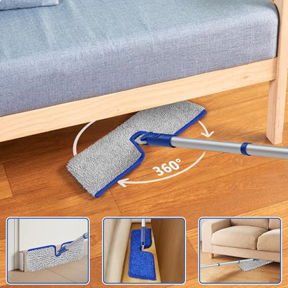 2-Sided Microfiber Dust Mop for Hardwood Floors & Walls | Flat Flip Head, Wet Dry Use, 3 Chenille & Microfiber Pads, 58" Handle, 360° Swivel, Sweep Pet Hair, Tile, Laminate, Kitchen - size: 15" Mop-B