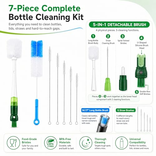 5-in-1 Water Bottle Cleaner Brush Set - 7 Pack, 14.17" Long Narrow Bottle Brush & Straw Brushes, Compatible with Stanley Cups, Tumblers, Sports Bottles, Travel Mugs