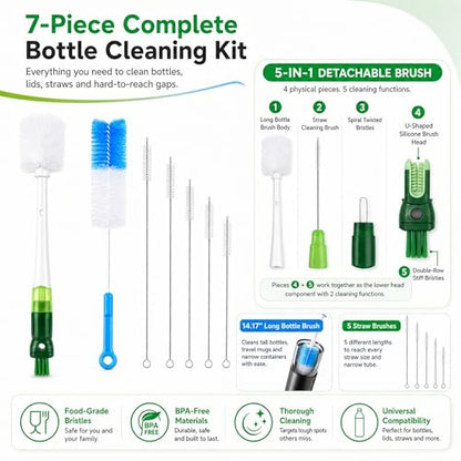 5-in-1 Water Bottle Cleaner Brush Set - 7 Pack, 14.17" Long Narrow Bottle Brush & Straw Brushes, Compatible with Stanley Cups, Tumblers, Sports Bottles, Travel Mugs