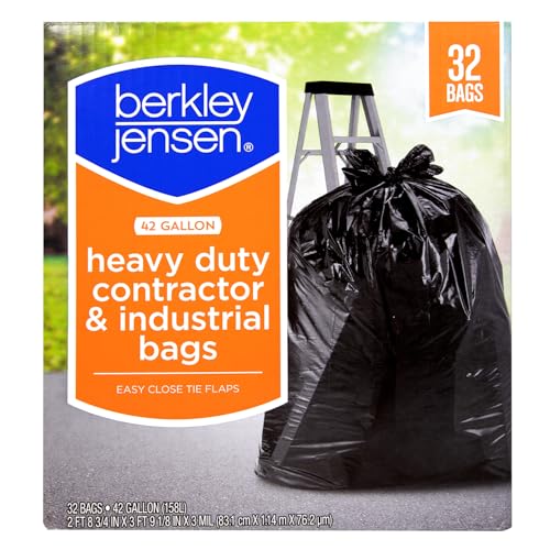 Berkley Jensen Heavy Duty Contractor & Industrial Bags - 42 Gallon, 32 Count - Black Contractor Trash Bags - 3 Mil Thick, Tear & Puncture Resistant - Ideal for Construction Cleanup & Professional Use
