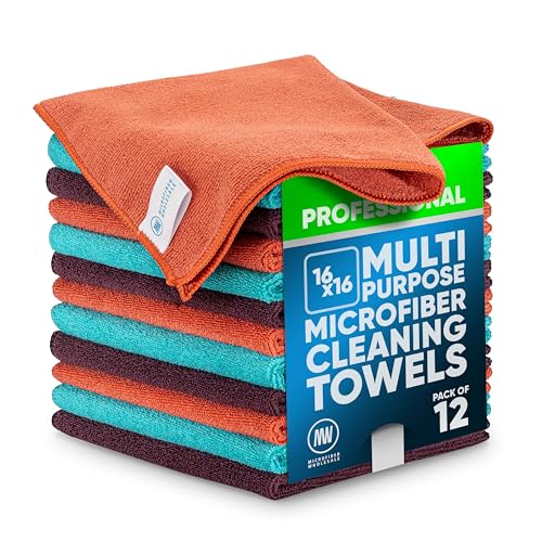 MW Pro Microfiber Cleaning Cloth | Coral, Teal, Plum | 12 Pack | 16” x 16” | All Purpose Microfiber Towels - Clean, Dust, Polish, Scrub, Absorbent - color: Coral, Teal, Plum