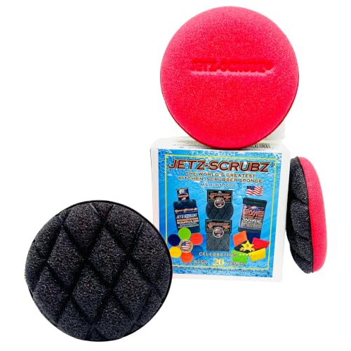 Jetz-Scrubz Scratch-Free Kitchen Scrubber Sponge – Dual Sided Non-Scratch Dish Cleaning Sponge for Cookware, Dishes & Kitchen Surfaces – Odor Resistant, Reusable – Round Scrub Sponges (3 Pack, Red) - color: Red