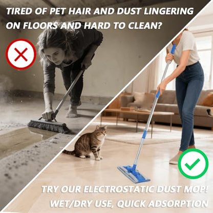 Electrostatic Dust Clip-On Mop for Pet Hair, 57" Adjustable Long Handle, 360° Rotating Head, 2 Reusable Static Cloths, 2 Microfiber Cloths & 1 Scraper, Ideal for Pet Loose Hair & Daily Dust Cleaning - color: purple