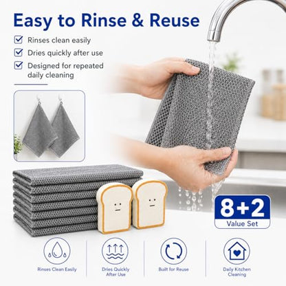 Non Scratch Wire Dishcloths 8 Pack with 2 Kitchen Sponges, Reusable Double Layer Wire Cleaning Cloths for Pots, Pans, Dishes, Sinks and Stove Tops - color: 8+2 Set