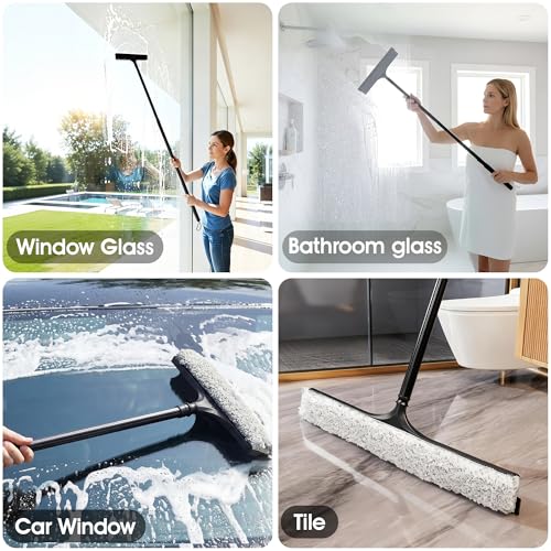 Window Squeegee with Flip-Head, Shower Squeegee 16-59" Long Handle Telescopic Pole & 30% Thicker Blade, Shower Squeegee for Glass Doors, Shower, Car, Windows, Bathroom
