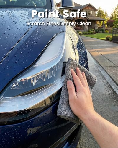 POPCHOSE Microfiber Towels 12 Pack for Cars, Super Absorbent Cleaning Cloths, Lint Free Streak Free Towels for Car Detailing, Household, Kitchen, Glass & Tools, Grey