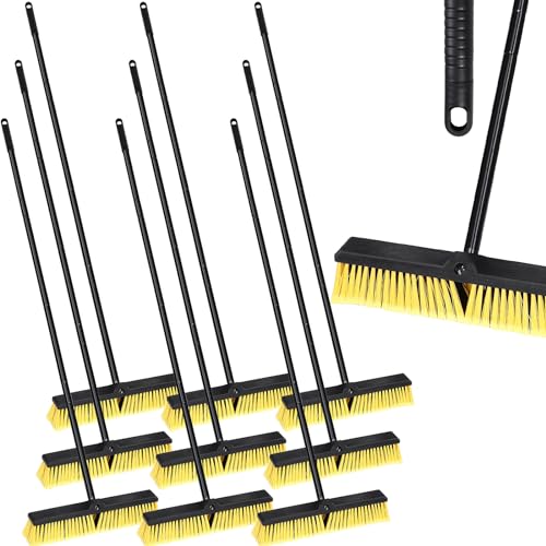 Zhehao 10 Pack 18 Inches Push Broom Outdoor, Multi Surface Garden Brush Broom with Adjustable 63" Long Handle for Deck, Driveway, Patio, Warehouse, Garage, Yard, Concrete Floor Cleaning (Yellow)