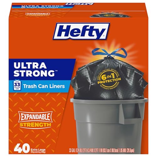Hefty Ultra Strong 33 Gallon Trash Bags, Large Trash Bags 33 Gallon Size, Trash Can Liners, Break Resistant Drawstring Closure, Resists Leaks, Punctures, and Tears, Black, 40 Bags - style: 40 Count- Unscented