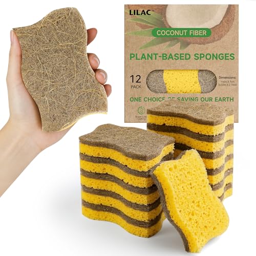 LILAC 12 Pack Natural Cellulose Sponges for Dishes - Non-Scratch Kitchen Scrub Sponges - 100% Biodegradable & Eco-Friendly Cleaning Sponges for Non-Stick Cookware, Bathroom & Household（Yellow） - color: Coconut Brown Yellow