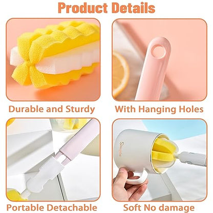 INVODA 4PCS Bottle Brush Long Handle Cup Cleaner Brush Sponge Bottle Scrubber Detachable Handle Portable Sponge Cleaning Brush for Baby Bottle Dishwashing Kitchen Clean Glasses Mugs (4 PCS) - color: Yellow Sponge Brush 4pcs