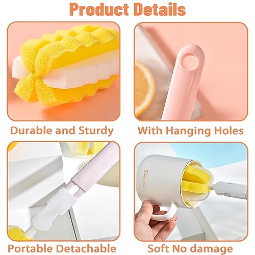 INVODA 4PCS Bottle Brush Long Handle Cup Cleaner Brush Sponge Bottle Scrubber Replaceable Brush Head Portable Bottle Cleaning Brush for Baby Bottle Dishwashing Kitchen Clean Mugs (4PCS+ 4 Brush heads) - color: 4 Pcs+ 4 Brush Heads