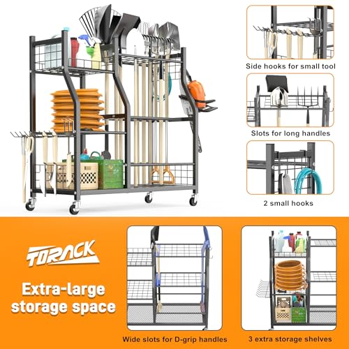 TORACK Garden Tool Organizer with Wheels, Rakes Shovels Yard Tools Stand for Garage, Shed, Garden, Indoor/Outdoor Long-Handled Tools Cart - style: Tool Stand with Extra Shelves