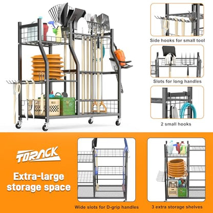 TORACK Garden Tool Organizer with Wheels, Rakes Shovels Yard Tools Stand for Garage, Shed, Garden, Indoor/Outdoor Long-Handled Tools Cart - style: Tool Stand with Extra Shelves
