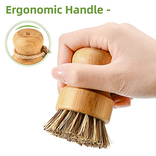 SUBEKYU Bamboo Dish Brush Set with Soap Holder, Wooden Dish Scrubber with Soap Dispenser, Natural Kitchen Scrub Brush, Washing Pot/Pans/Cast Iron, 2 Pack, Sisal + Coconut Palm Bristles - color: Sandstone Base +Sisal 1p+palm 1p, size: Regular size