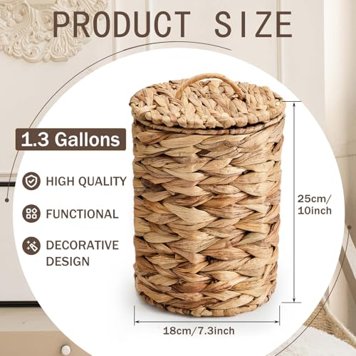 Ctosree 1.3 Gallons Small Trash Can with Lid Handle Boho Woven Braided Bathroom Waste Basket Trash Can with 100 Garbage Bags for Bedroom Office Laundry (Natural, Braided Wicker, Round) - color: Natural, style: Round