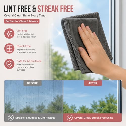 12 Pack Microfiber Cleaning Cloth, Ultra Absorbent Reusable Towels, Lint Free Streak Free Cleaning Rags for Car, Kitchen, Window, Home (Grey)