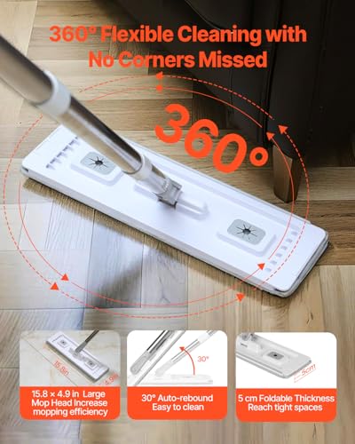 VEVOR Mop and Bucket with Wringer Set, Wet & Dry Use, Flat Mop and Bucket System with 3 Washable Microfiber Pads, Flat Mop with Stainless Steel Handle, Mop Bucket Set for Hardwood Tile Vinyl - style: Flat Mop and Bucket with 3 Pads
