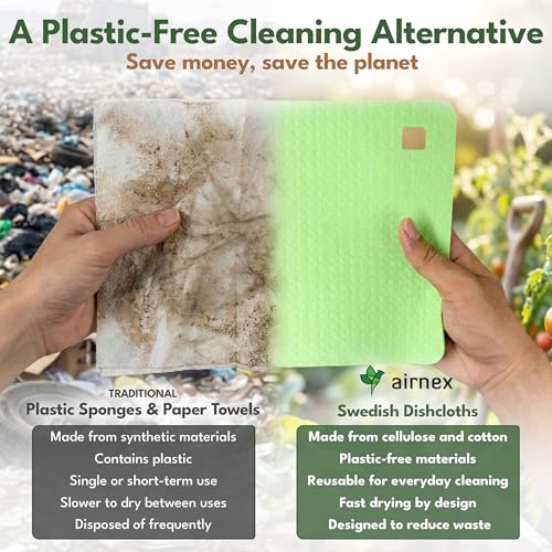 AIRNEX 10 Pack Cellulose Swedish Dishcloths for Kitchen - Eco-Conscious Reusable Dish Towels & Cloths - Super Absorbent, Odor Resistant and Fast Drying Wash Cloths for Dishes & Surfaces - size: 10 Pack